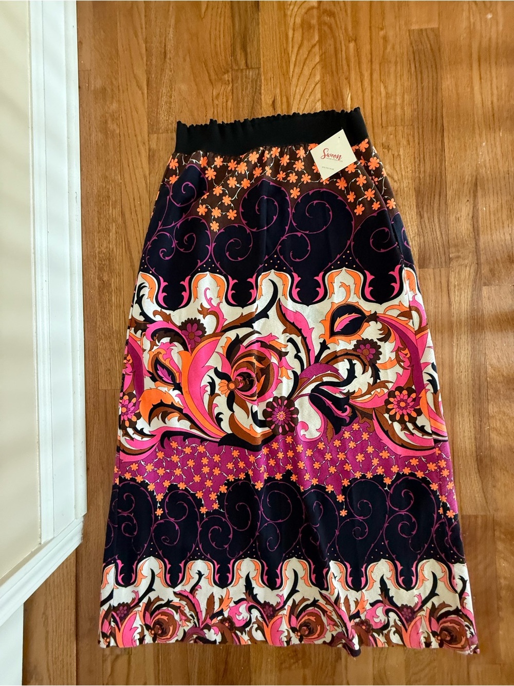 Vintage 70s Pink & Black Floral Maxi Skirt